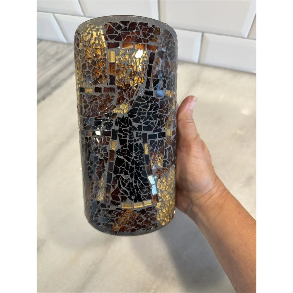 Vintage Mosaic Stained Glass Vase Candle Holder Brown/gold/black GW993